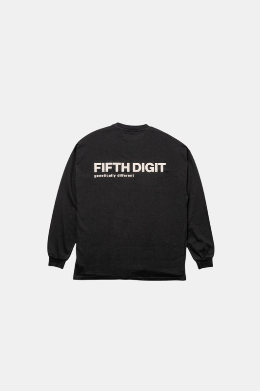 Black Identity Long Sleeve T-Shirt back flat lay with white graphic print