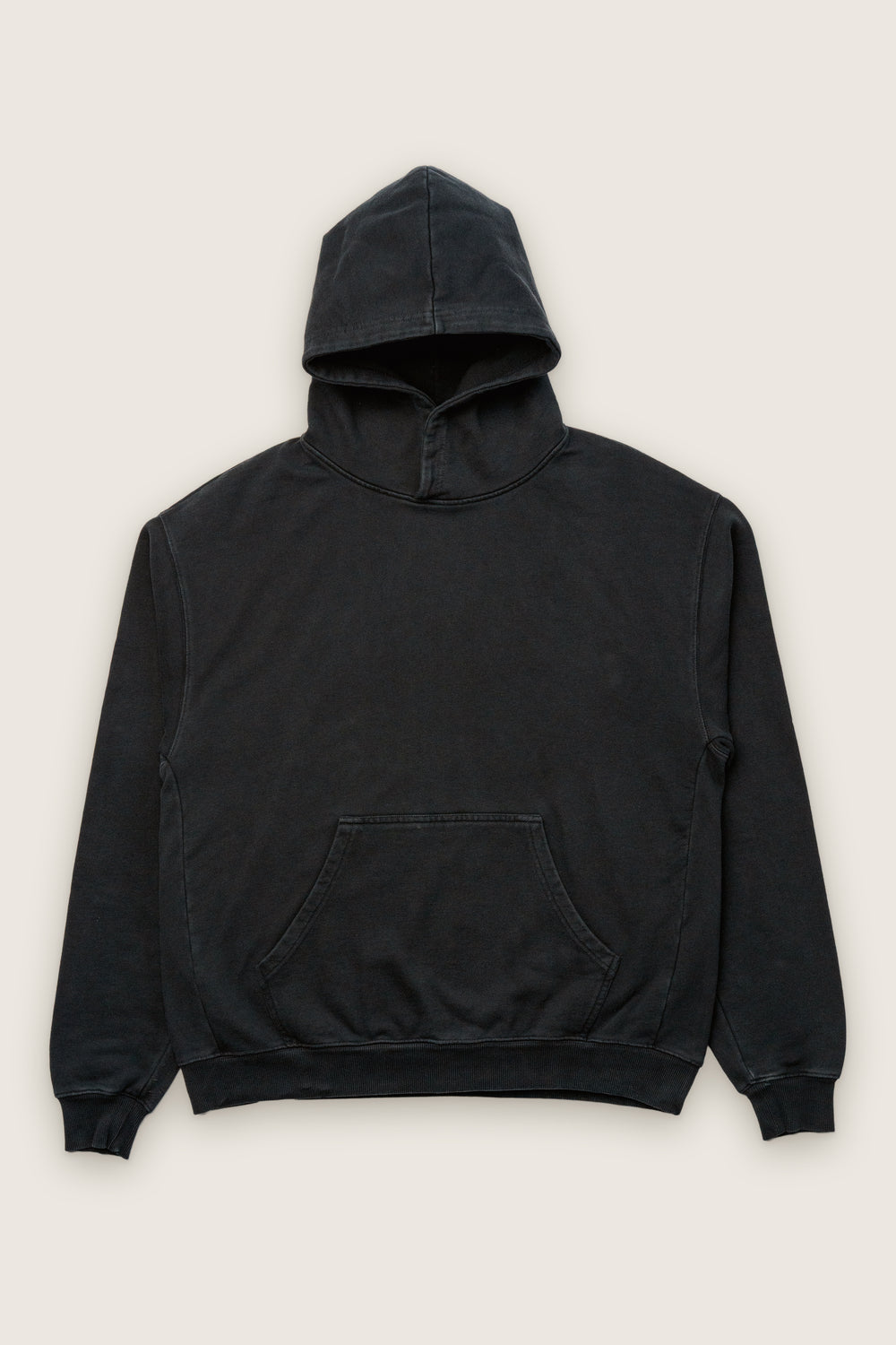 Fifth Digit Frame 460gsm organic cotton hoodie in vintage black, front flat lay