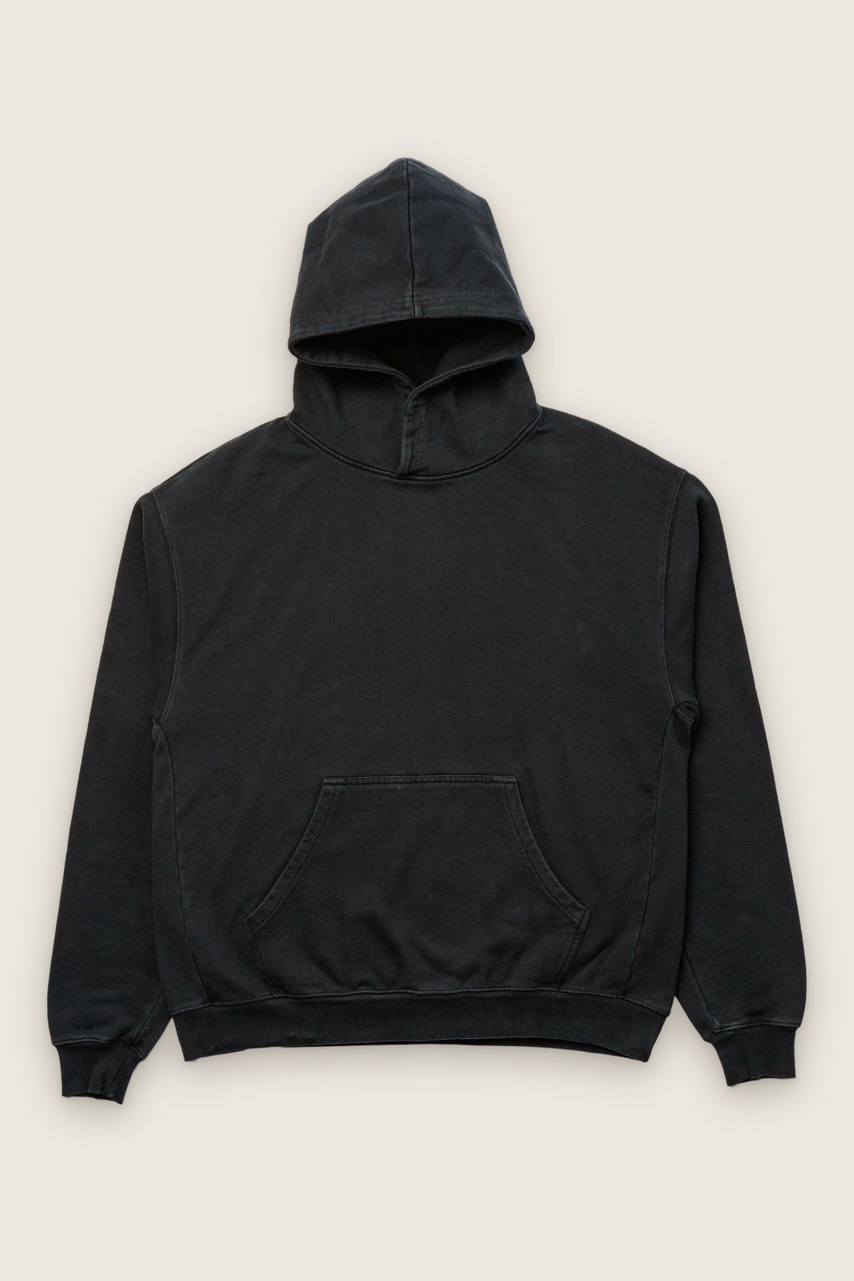 Fifth Digit Frame 460gsm organic cotton hoodie in vintage black, front flat lay