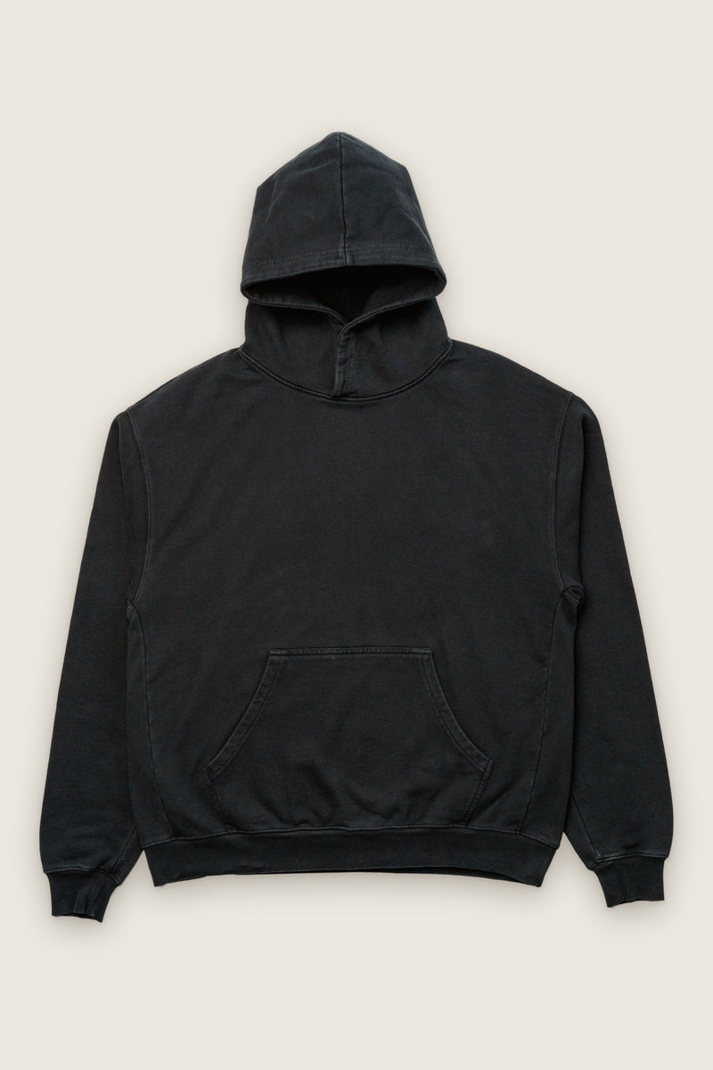 Fifth Digit Frame 460gsm organic cotton hoodie in vintage black, front flat lay