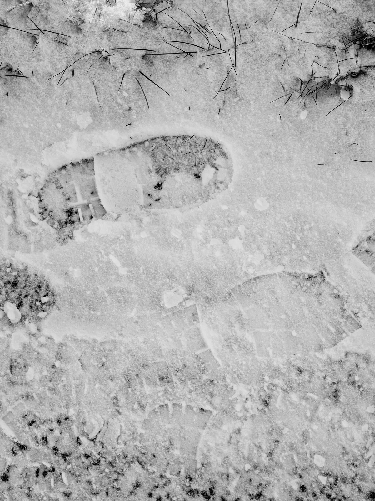 A boot print pressed into snow. Frozen ground and grass blades. Black and white.