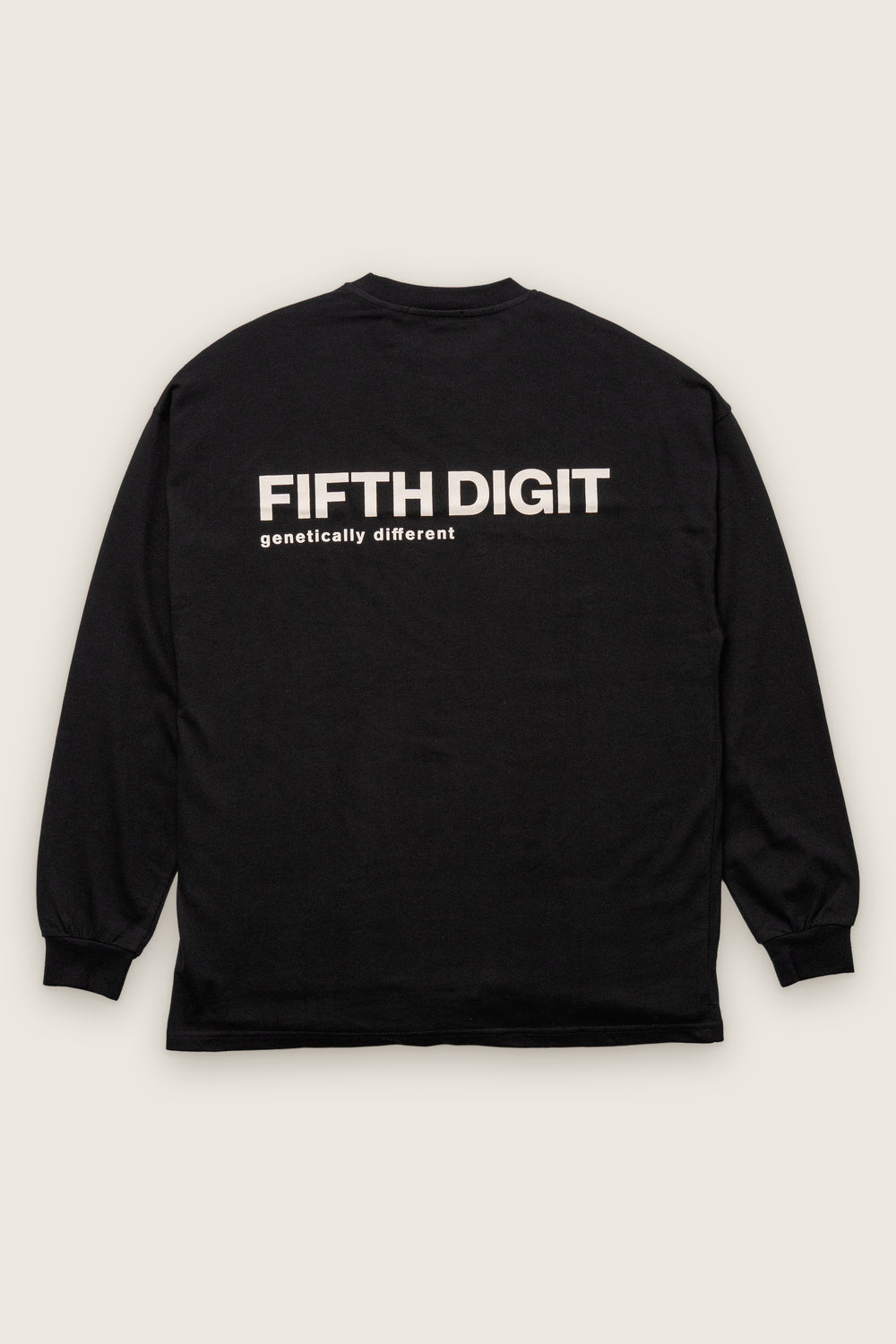 Fifth Digit Origin 240gsm organic cotton long sleeve in black, back flat lay