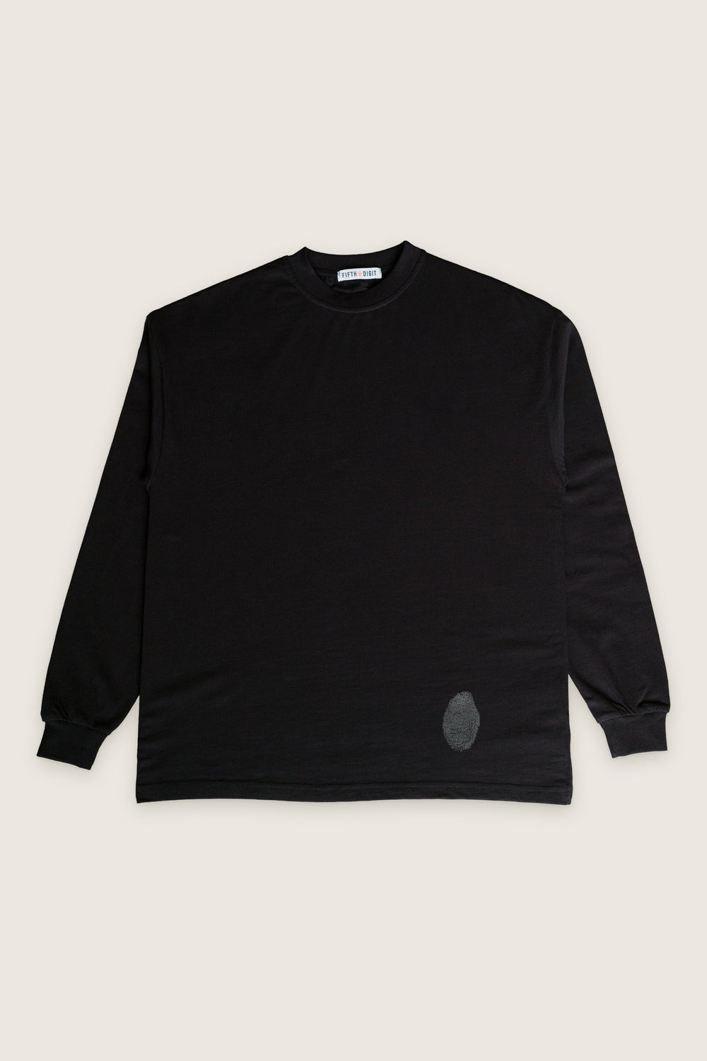 Fifth Digit Origin 240gsm organic cotton long sleeve in black, front flat lay