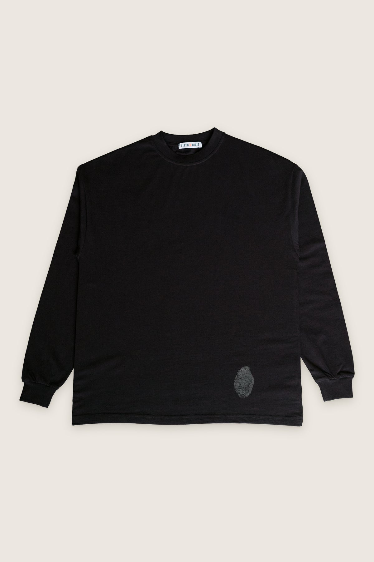 Fifth Digit Origin 240gsm organic cotton long sleeve in black, front flat lay