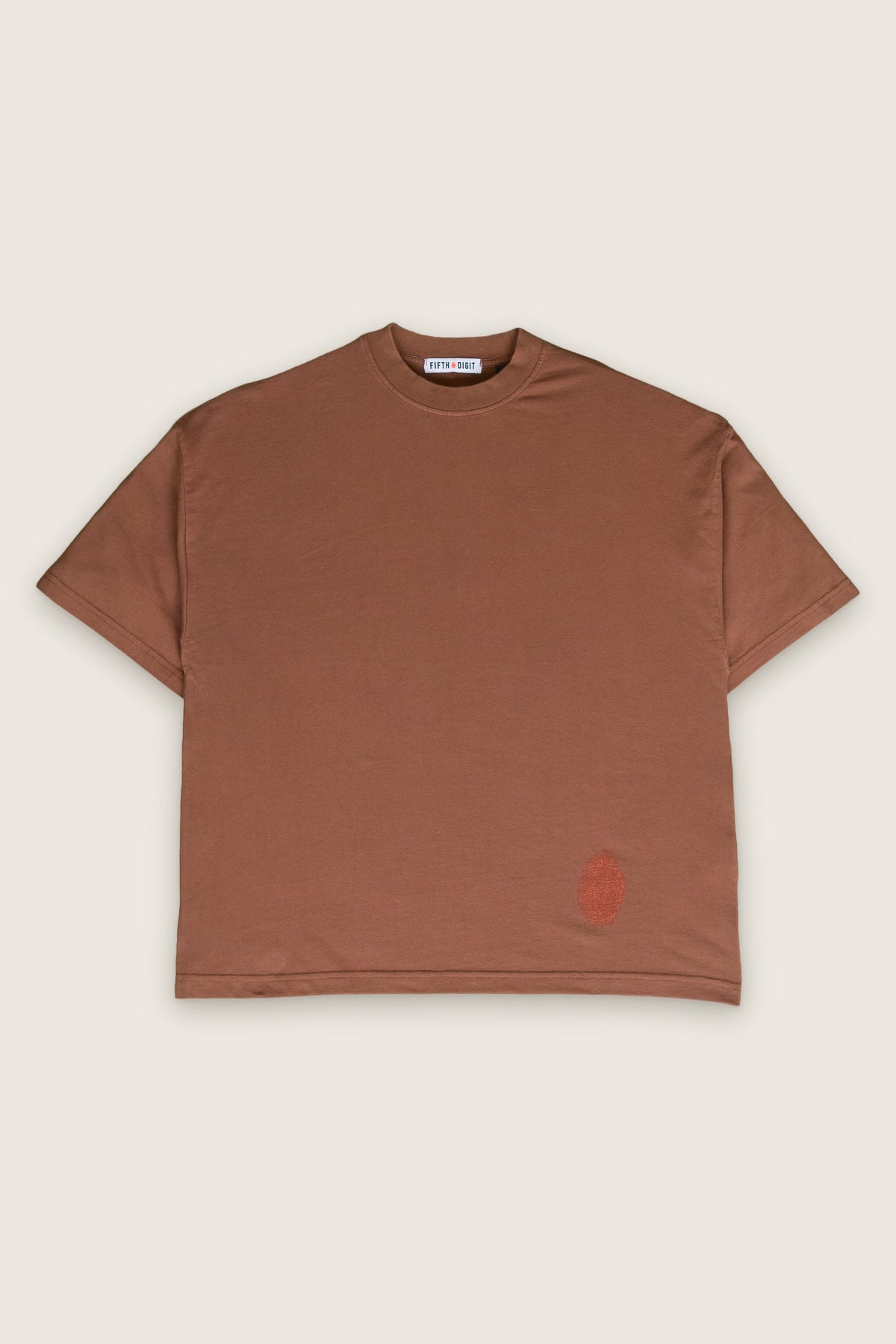 Fifth Digit Pressure 240gsm organic cotton tee in vintage brown, front flat lay