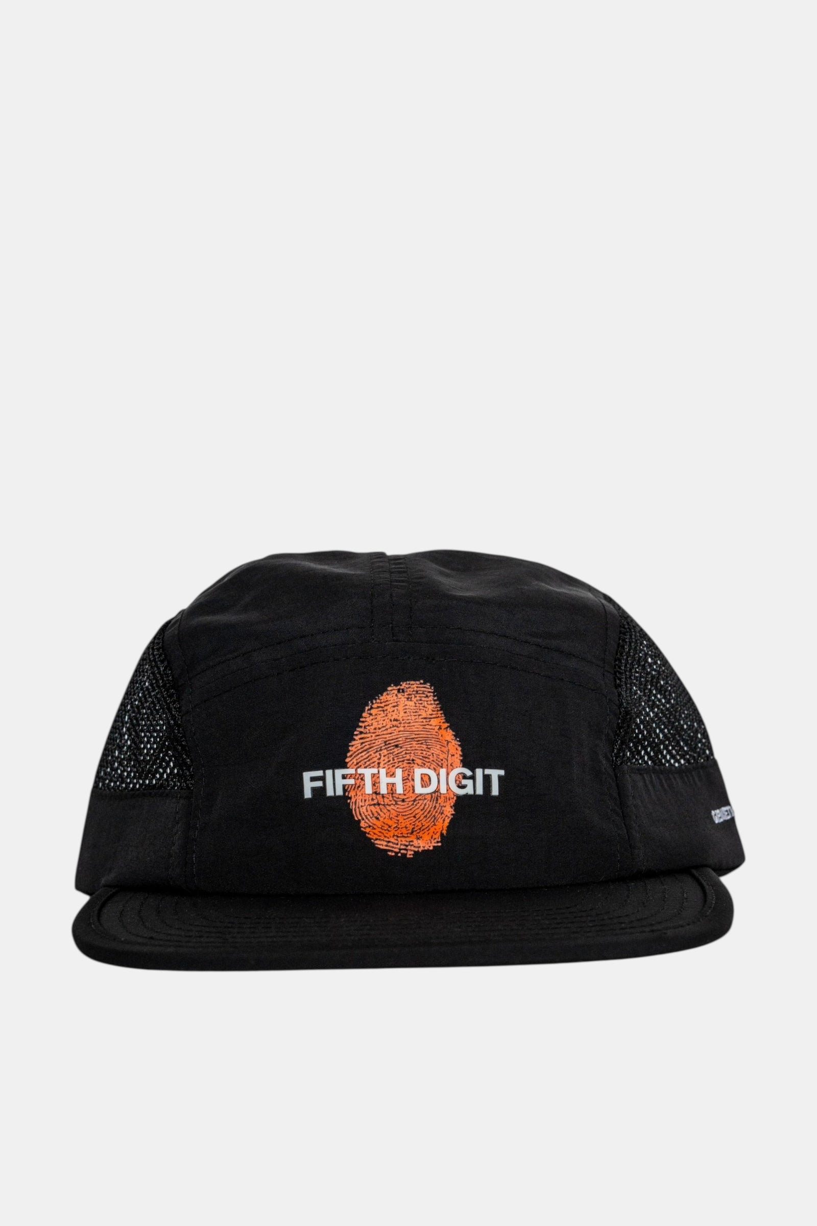 Fifth Digit Runner structured cap in black, front view with thumbprint detail