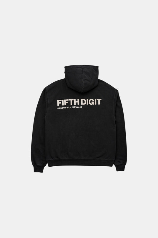 Vintage black Identity Hoodie back flat lay with white graphic print